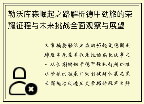 勒沃库森崛起之路解析德甲劲旅的荣耀征程与未来挑战全面观察与展望
